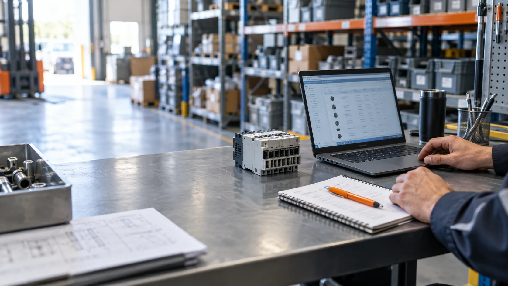 Industrial parts and sourcing notes at a service desk