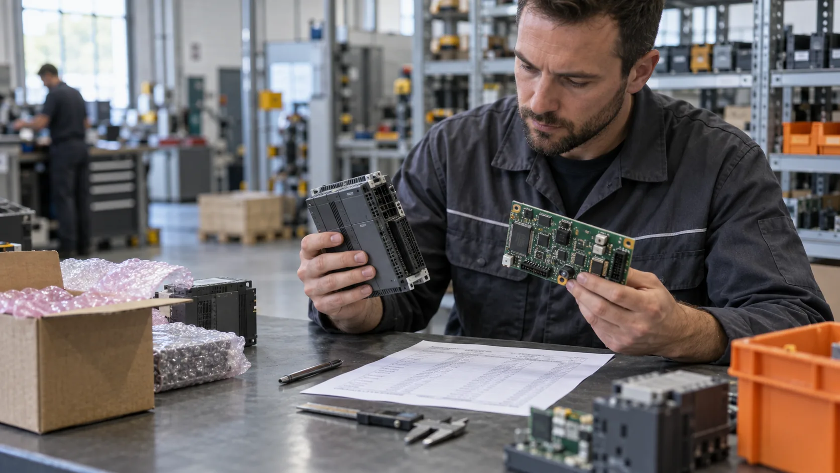 Technician comparing industrial control modules at a workbench